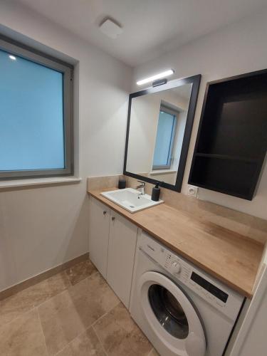 La salle de bains est pourvue d'un lave-linge et d'une télévision. dans l'établissement Le Cottage des Forges, à Longueil