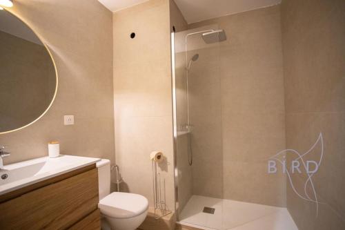 une salle de bain avec une douche, des toilettes et un lavabo dans l'établissement Lovely renovated studio in the heart of Cannes, à Cannes