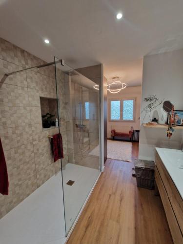 une salle de bain avec une douche avec une porte vitrée dans l'établissement Maison 12 personnes Golf - Hippodrome, à Montauban
