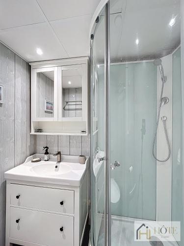 une salle de bain avec un lavabo et une douche dans l'établissement Doux Rivage- Studio Vue Mer, à Bray-Dunes