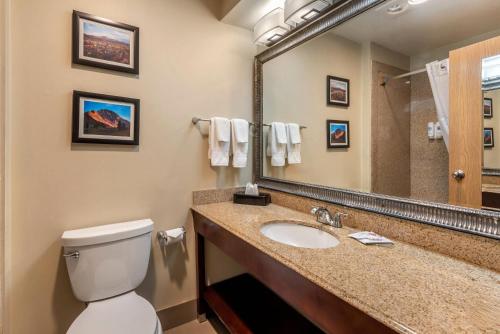 a bathroom with a toilet and a sink and a mirror at Comfort Inn & Suites Durango in Durango