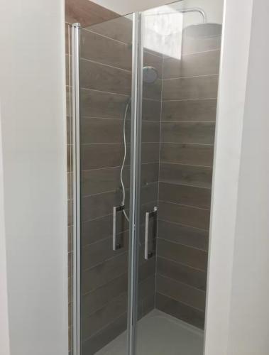 une douche avec une porte vitrée dans une salle de bain dans l'établissement La Belle Impasse, à Campbon