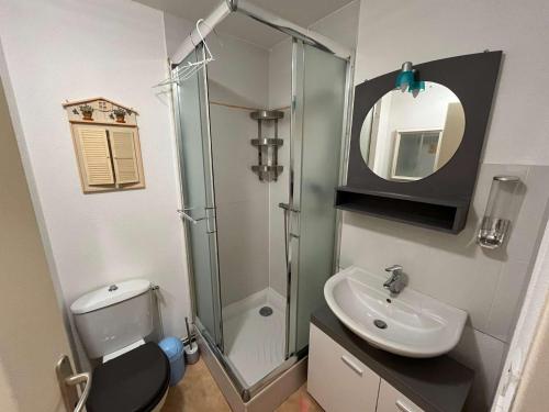une salle de bain avec une douche, des toilettes et un lavabo dans l'établissement Belle Maison toute climatisee -veranda -4 couchages, Exposition ouest-sud- 800M DE LA MER DE PORTIRAGNES PLAGE LRCS169, à Portiragnes