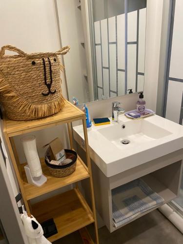 une salle de bain avec un lavabo et un miroir dans l'établissement Cottage Cap d'Agde, à Agde
