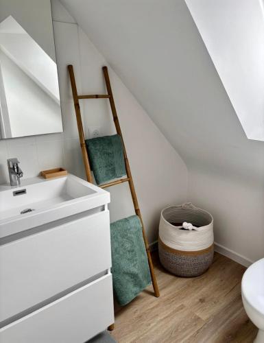 La salle de bains est pourvue d'un lavabo, d'une échelle et de toilettes. dans l'établissement Ty Breizh Arvor - proche de la plage, à Sarzeau