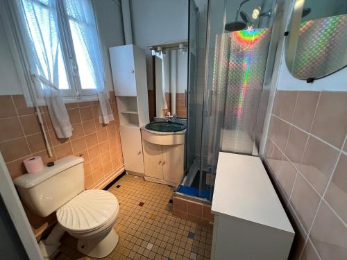 une petite salle de bain avec toilettes et douche dans l'établissement Studio vue mer avec loggia et parking, à Saint Cyprien Plage