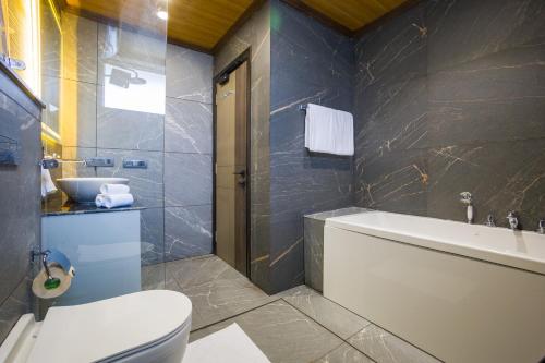 a bathroom with a tub and a toilet and a sink at Luxury 4BHK with Garden Pool and Entertainment Space in Palāhu