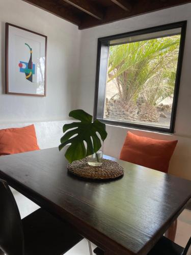 a dining room table with a plant on it at Finca Malvasia Rural Estate & Vineyard in Tías