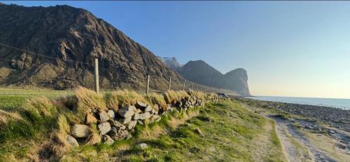 a rock wall next to the ocean with a mountain at Lofoten Fjord Lodge in Saupstad