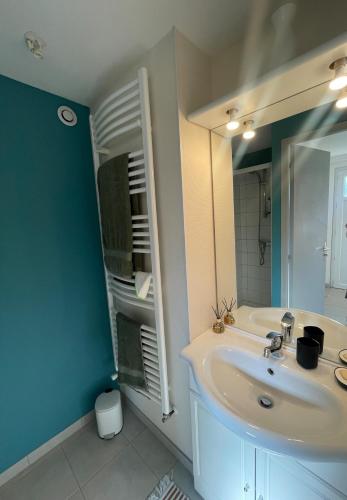 une salle de bain avec un lavabo et un miroir dans l'établissement Lou Castelet maison de charme climatisée Centre ville Albi, à Albi