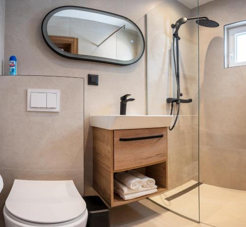 a bathroom with a toilet and a sink and a mirror at Villa Piccolotti in Neum