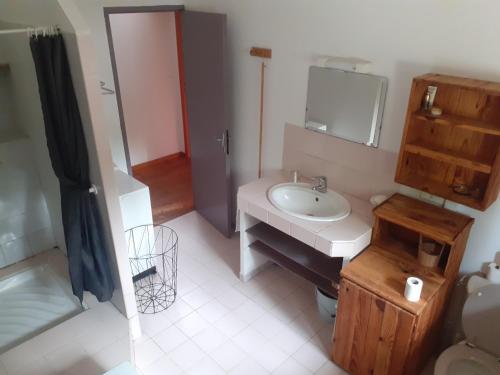 une salle de bain avec un lavabo et un miroir dans l'établissement Gîte à la ferme, à Montolieu