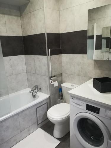 La salle de bains est pourvue de toilettes et d'un lave-linge. dans l'établissement Charming little apartment with bedroom, à Strasbourg