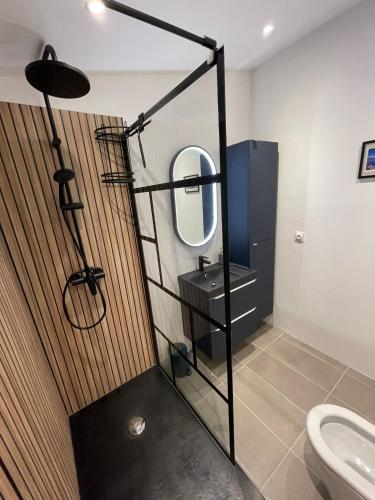 La salle de bains est pourvue d'un miroir, d'un lavabo et de toilettes. dans l'établissement Modern house with terrace and parking in Toulon, à Toulon