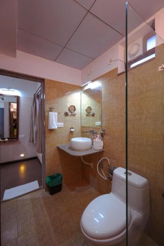 a bathroom with a toilet and a sink and a shower at TreeHouse Morina, Vithalapur in Vithalpur