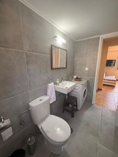 a bathroom with a white toilet and a sink at SEA SiDE in Vathi, Ithaka