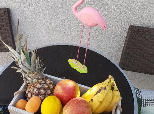 a bowl of fruit with a pink flamingo and a basket of fruit at Mali Skoj Apartment in Suđurađ