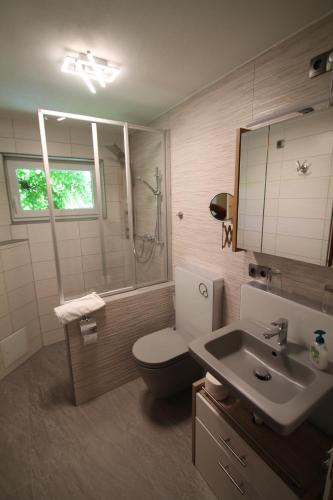 a bathroom with a toilet and a sink and a shower at Haus Dres Ferienwohnung 1 und 2 in Aventoft