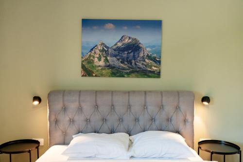 a picture of a mountain hanging above a bed at Villa Dussi in Žabljak