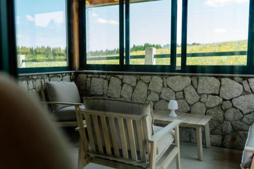 a room with chairs and a table and windows at Villa Dussi in Žabljak