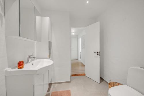 a white bathroom with a sink and a toilet at Lovely Holiday Home, Completely Renovated In 2025, In Quiet And Beautiful Surroundings in Sønder Felding