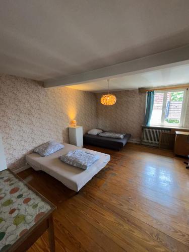 a room with two beds and a couch in it at Spacious Local Lounge Apartment in Kelkheim
