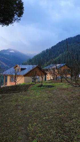 a house in the middle of a field with trees at Baserah Stay & Cafe in Mandi