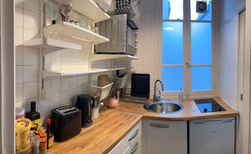 une cuisine avec un évier et un plan de travail dans l'établissement Cocon lumineux sous les toits de Paris, à Paris