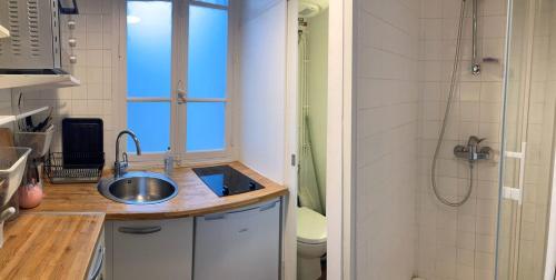 une petite salle de bain avec un lavabo et une douche dans l'établissement Cocon lumineux sous les toits de Paris, à Paris