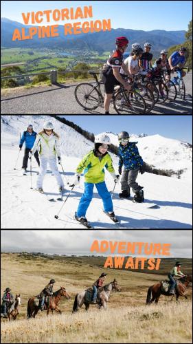 two pictures of people skiing in the snow at Perfect Country Home in Tawonga