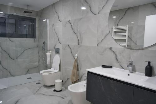 ein Badezimmer mit Toilette, Waschbecken und Spiegel in der Unterkunft Casa PoliDouro - Vila Marim in Vila Marim