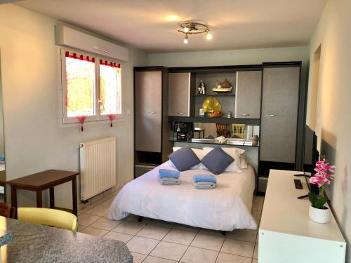 une chambre avec un lit avec des oreillers bleus dessus dans l'établissement Studio aux portes de Rodez, à Luc