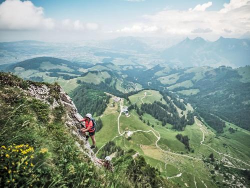 a man on a mountain top looking down at a valley at Apartment Andromède 4 pièces 11 by Interhome in Moleson
