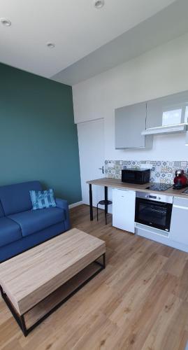 un salon avec un canapé bleu et une table dans l'établissement Studio 28 m2 l'Albion le 55 centre-ville, avec parking et piscine, à Aix-les-Bains
