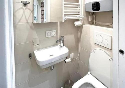 une petite salle de bain avec un lavabo et des toilettes dans l'établissement Studio Exceptionnel au Marais, à Paris