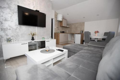 a living room with a couch and a tv at Apartmani Trio in Trebinje