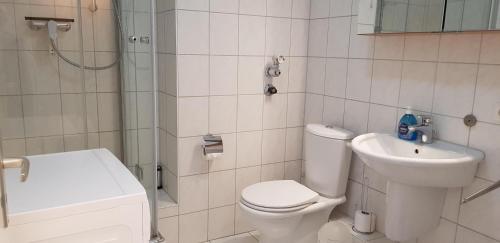 een witte badkamer met een toilet en een wastafel bij Stadtdomizil am Binnensee, Haus Bellevue in Heiligenhafen