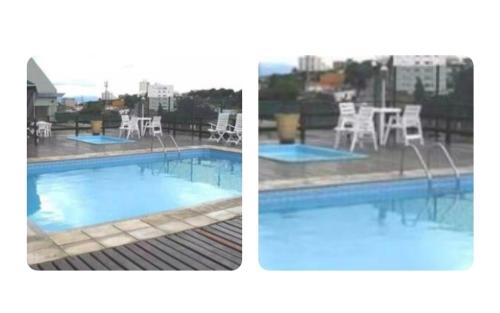 two pictures of a swimming pool with a table and chairs at Sinta-se bem acolhido in São José dos Campos