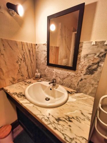 une salle de bain avec un lavabo et un miroir dans l'établissement Le Tranquille, Chaleureux T2, Centre-ville, à Le Mont-Dore