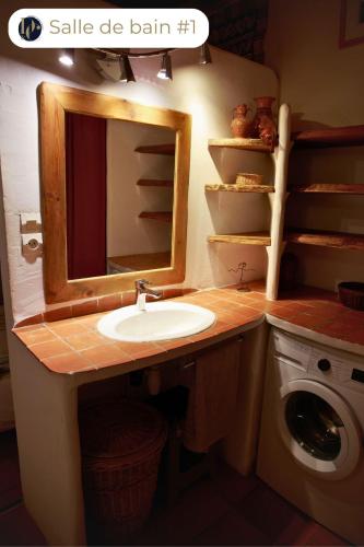 une salle de bain avec un lavabo et un miroir et une machine à laver dans l'établissement Parenthèse de calme et de nature au bord du Verdon, à Gréoux-les-Bains