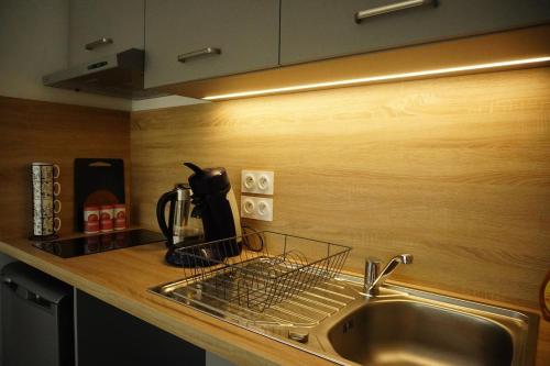 un évier de cuisine avec un égouttoir à vaisselle à côté dans l'établissement Logement neuf - cœur de ville, à La Roche-sur-Yon