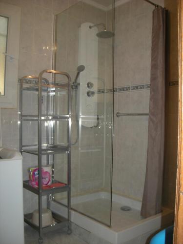 une douche avec une porte vitrée dans une salle de bain dans l'établissement Appartement pour 4 personnes, à Roquefort-la-Bédoule