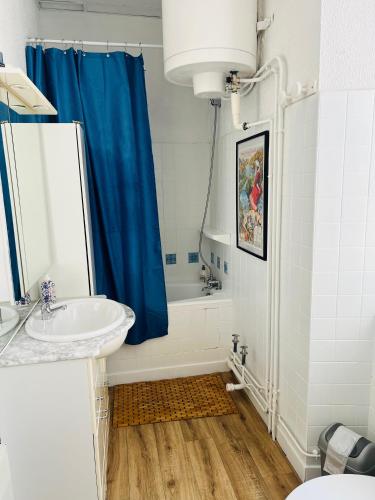La salle de bains est pourvue d'un lavabo et d'une douche avec un rideau de douche bleu. dans l'établissement 11 Rue de Richelieu, à Cauterets