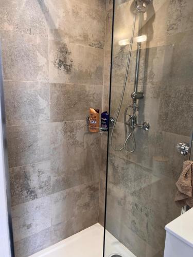 une douche avec une porte vitrée dans une salle de bain dans l'établissement Studio 2 Personnes Saint Laurent du Var Montaleigne, à Saint-Laurent-du-Var