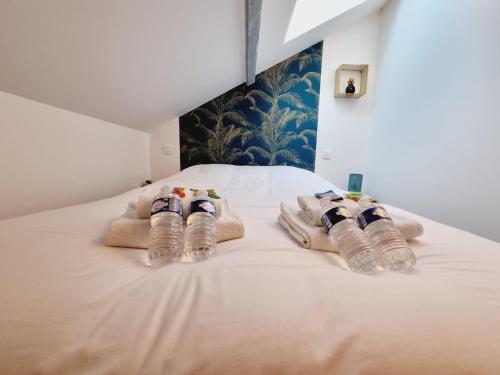 un lit avec deux bouteilles en plastique dessus dans l'établissement 1 clémence fouriaux proche gare et climatisé, à Reims