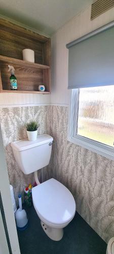 a bathroom with a white toilet and a window at ML23 8 BERTH CARAVAN GOLDEN PALM CHAPEL ST LEONARDS in Chapel Saint Leonards