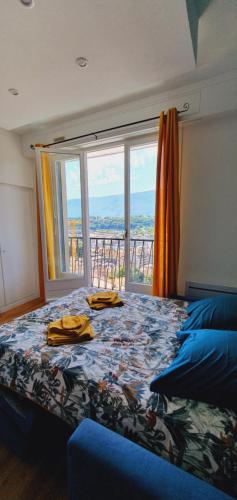 une chambre avec un lit et une grande fenêtre dans l'établissement Studio 28 m2 l'Albion le 55 centre-ville, avec parking et piscine, à Aix-les-Bains