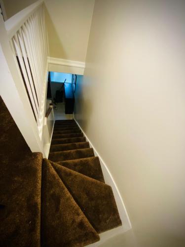 a staircase in a house with brown carpet at Modern-PetFriendly-privateGarden-Family-20MinToLDN in Stevenage