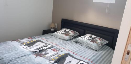 un lit avec une couette et des oreillers en forme de voiture de course dans l'établissement Villa T2 Entre mer & montagne, à Santa-Maria-Poggio