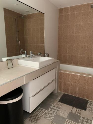 une salle de bain avec un lavabo et un miroir dans l'établissement Superbe villa de plain pied avec piscine et jardin, à Pérols